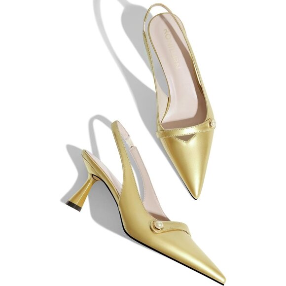 Ronilurn Women Gold Kitten Closed Pointed Toe Slingback Low Pearl Heel Pumps - Picture 5 of 7